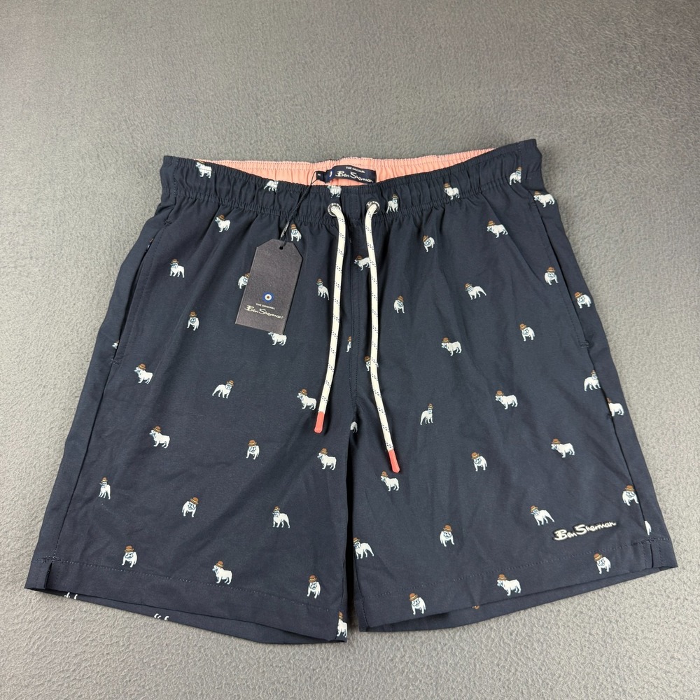 Ben Sherman Swim Trunks Men's M Blue Dog in Hat Cigar Novelty AOP Lined‎ NWT